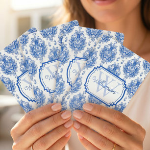 Jeu De Cartes Toile de Jouy Bleue Française Motif Damassé Nom Mo