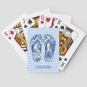 Jeu De Cartes Tongs chinoiserie bleus et blancs sur rayures