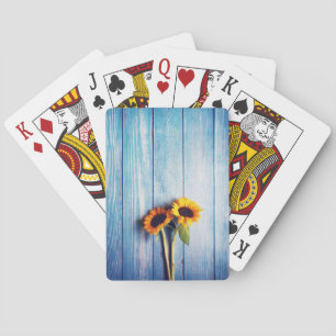 Jeu De Cartes Tournesol sur Mur en Bois Bleu