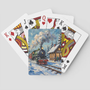 Jeu De Cartes Train à vapeur de Noël vintage à la gare enneigée