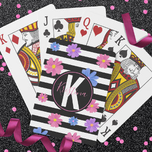 Jeu De Cartes Trendy Floral noir & blanc rayures personnalisées
