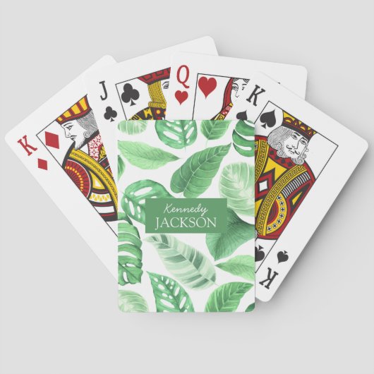 Jeu De Cartes Tropical Floral Vert Feuille Verdure Monogramme (dos)