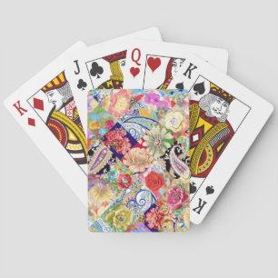 Jeu De Cartes Tropical motif floral, couleurs vives.