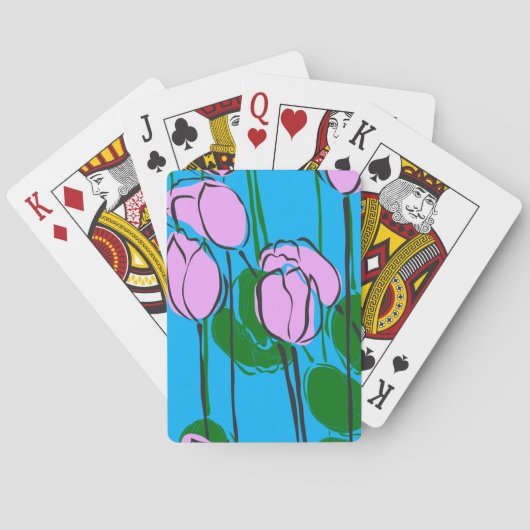 Jeu De Cartes Tulipes roses dessinées à la main sur bleu ciel (dos)