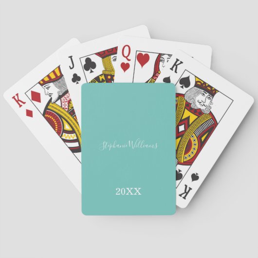 Jeu De Cartes Turquoise Blanc Élégant Nom personnalisé Année Mig (dos)