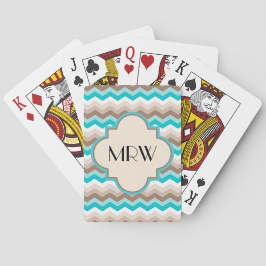 Jeu De Cartes Turquoise Bleu Brown Chevron Moderne Monogramme (dos)