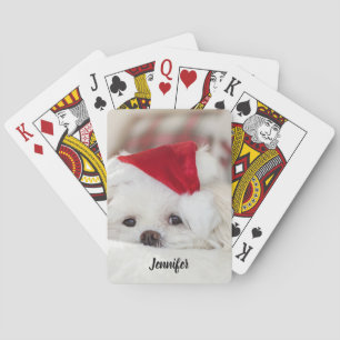 Jeu De Cartes Un mignon chien blanc dans un Casquette de Noël ro