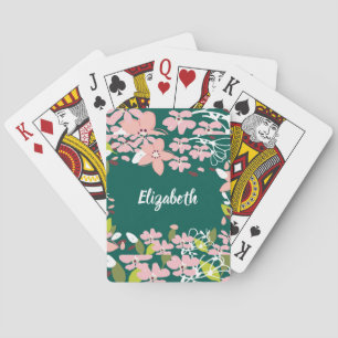 Jeu De Cartes Vert avec fleurs roses Personnalisé