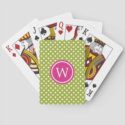 Jeu De Cartes Vert et blanc à pois avec monogramme rose (dos)