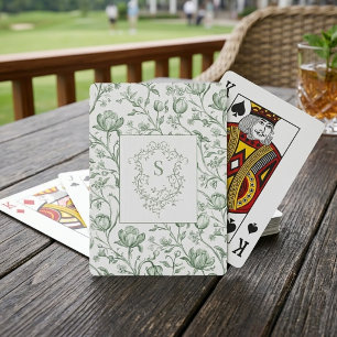 Jeu De Cartes Vert sauge floral vintage toile monogramme blason