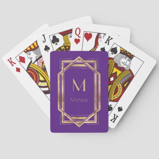 Jeu De Cartes Violet et Or Géométrique | Monogramme & Nom (dos)