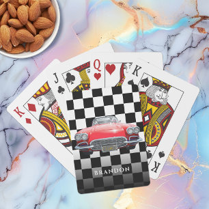 Jeu De Cartes Voiture de sport rouge, nom blanc, damier N/B