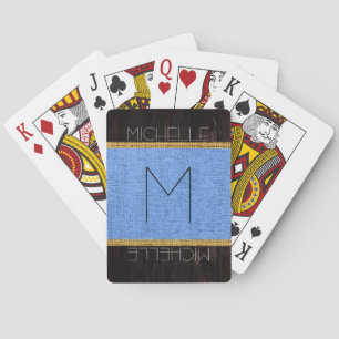 Jeu De Cartes Vue en bois de toile de jute bleue rustique Monogr