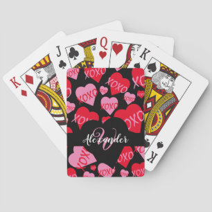 Jeu De Cartes XOXO rose Motif de coeur rouge Monogramme bleu