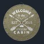 Jeu De Fléchettes Bienvenue au Cabine | Flèches rustiques personnali<br><div class="desc">Passez vos heures tranquilles à jouer aux fléchettes avec ce tableau de fléchettes amusant et unique. Le design est composé d'un arrière - plan vert olive avec "Bienvenue au Cabine [Nom]" en bloc rustique et deux flèches croisées. Customisez avec votre nom de famille et l'année établie. Fabrique un cadeau ou...</div>