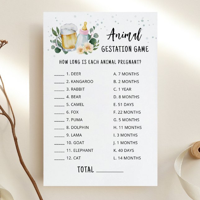 Jeu de gestation animale pour bébé en carte rose (Greenery and Beer Baby Brewing Baby Shower Animal Gestation Game)