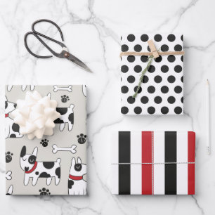 Jeu de papier d'enveloppement de chien blanc noir