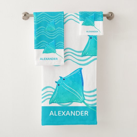 Jeu de serviettes de bain Nautique Turquoise bleu (En situation)