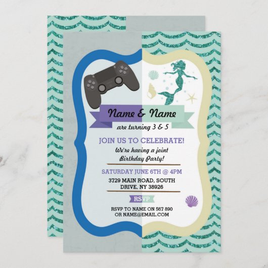 Jeu & Sirène Joint garçon fille Invitations d'anni (Devant / Derrière)