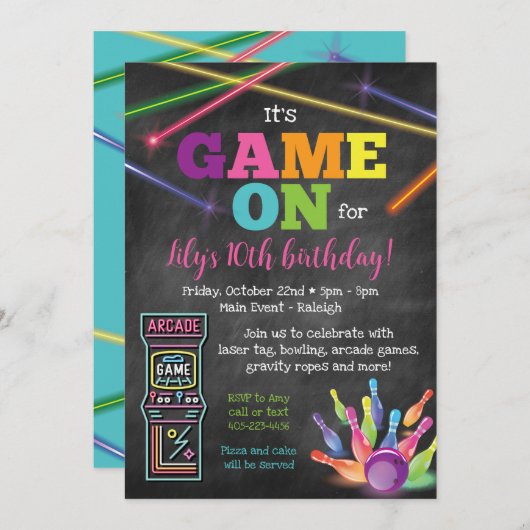 Jeu Sur Arcade Pizza Party Chalkboard Invitation (Devant / Derrière)