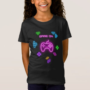 Jeu sur t-shirt du joueur de vidéo néon rose et ve