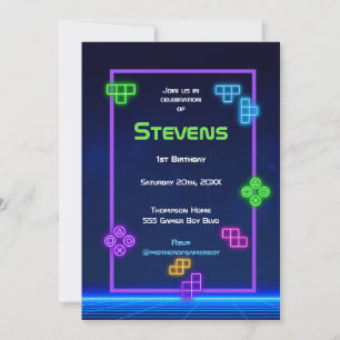 Jeu sur vert néon, bleu, jaune gamer Invitation