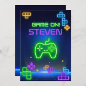 Jeu sur vert néon, bleu, jaune gamer Invitation (Devant / Derrière)