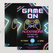 Jeu vidéo Gamer Girl Neon Invitation Anniversaire (Devant / Derrière)