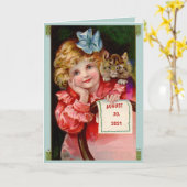 Jeune dame, chat, anniversaire, ruban, carte de vo (Fleur jaune)