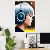 Jeune dame écoutant de la musique | AI Art Poster (Bureau à domicile)