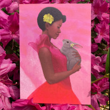 "Jeune femme printanière avec lapin." Carte de vœu