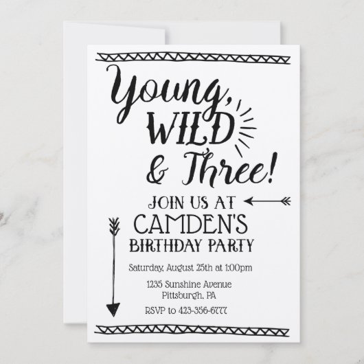 Jeune, sauvage et trois invitation d'anniversaire (Devant)