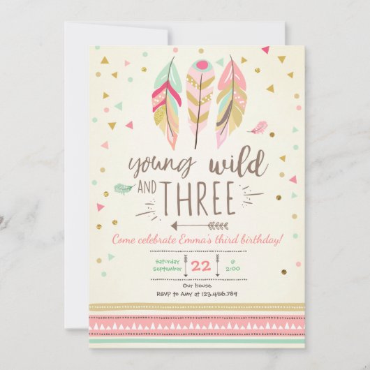 Jeune sauvage et trois invitation fille rose or 3è (Devant)