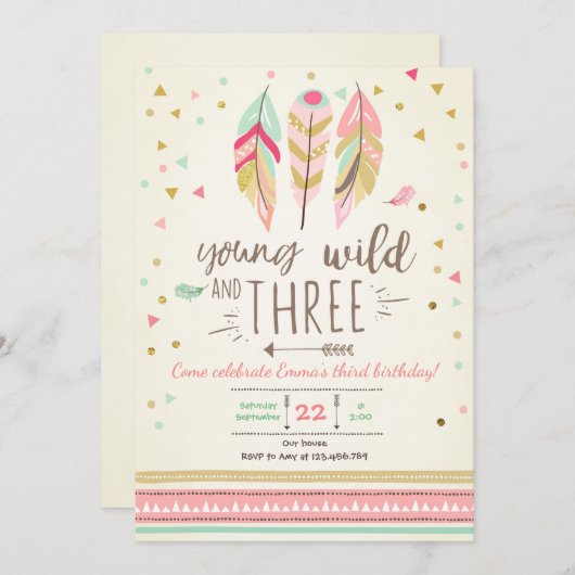 Jeune sauvage et trois invitation fille rose or 3è (Devant / Derrière)
