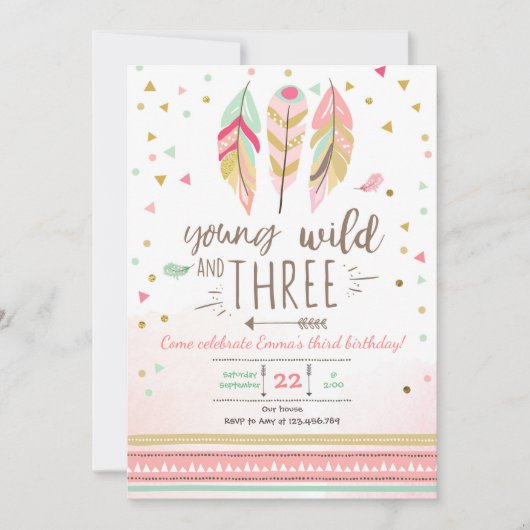 Jeune sauvage et trois invitation fille rose or 3è (Devant)
