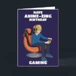 Jeux Vidéo Anime Gamer Boy Carte d'anniversaire<br><div class="desc">Envoyez cette carte d'anniversaire japonaise Anime Gamer à votre ami ou à celui qui vous est cher pour leur souhaiter un jeu d'anniversaire "animé". Le gamer garçon dans ce design est également disponible dans mon magasin avec des cheveux blonds, brun, gingembre (orange) ou bleu. Cette conception est numériquement dessinée à...</div>