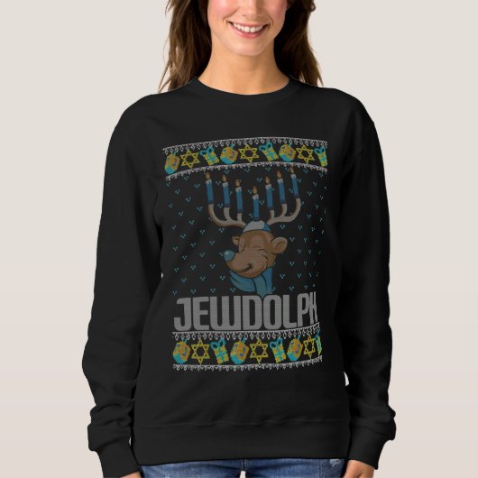 Jewdolph Ugly Hanukkah Sweater Reindeer Menorah Ch (Voorkant)