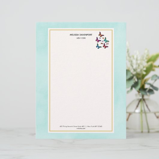 Jewel gekleurde Butterflies op Mint Green Briefhoofd Sjabloon (Staand voorkant)