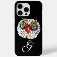 JEWEL OWL MONOGRAM, Gold, Green Emerald, opale