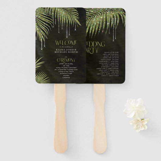 Jewel Palm Leaf Ceremony Program Green ID830 Handwaaier (Voorkant en achterkant)