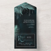Jewel Palm Leaf Wedding Blauwgroen ID830 All In One Uitnodiging (Binnen)