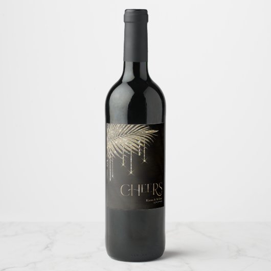 Jewel Palm Leaf Wedding Cheers Gold ID830 Wijn Etiket (Voorkant)