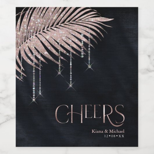 Jewel Palm Leaf Wedding Cheers Roos Gold ID830 Wijn Etiket (Enkel label)