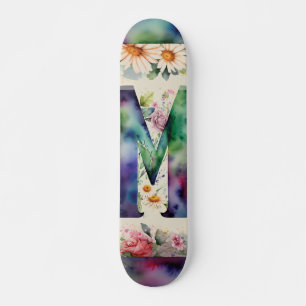Jewel Toned Monogram M Kleurrijke Waterverf Bloeme Skateboard