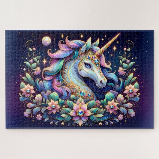 Jewel Toned Unicorn Floral Fantasy Legpuzzel (Horizontaal)