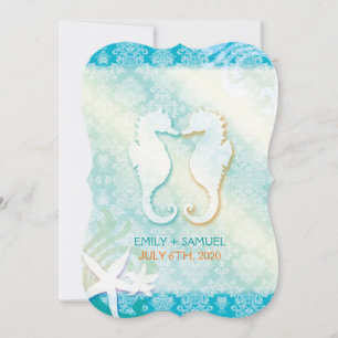 Jeweled Damask SeaHorse Starfish Beach Wedding Kaart