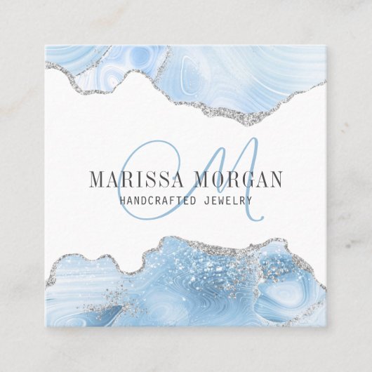 Jewelry Designer Blue Agate Geode Monogram Vierkante Visitekaartje (Voorkant)