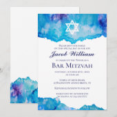 Jewish Bar Mitswa Blue Waterverf Uitnodigingen (Voorkant / Achterkant)
