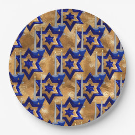 Jewish-Candlesticks-and-Stars Gold 3 Papieren Bordje