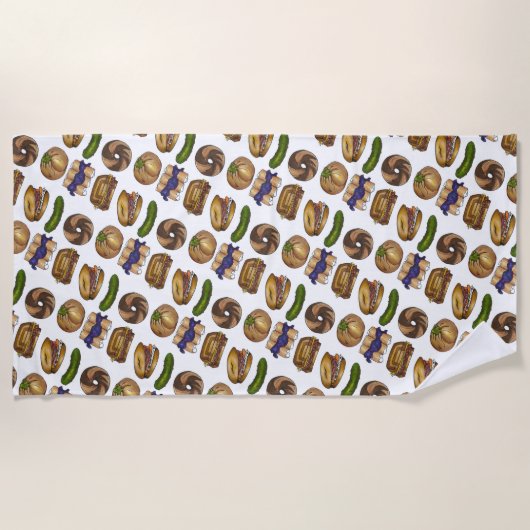 Jewish Deli Foods Pickle Reuben Blintz Knish Bagel Strandlaken (Voorkant)